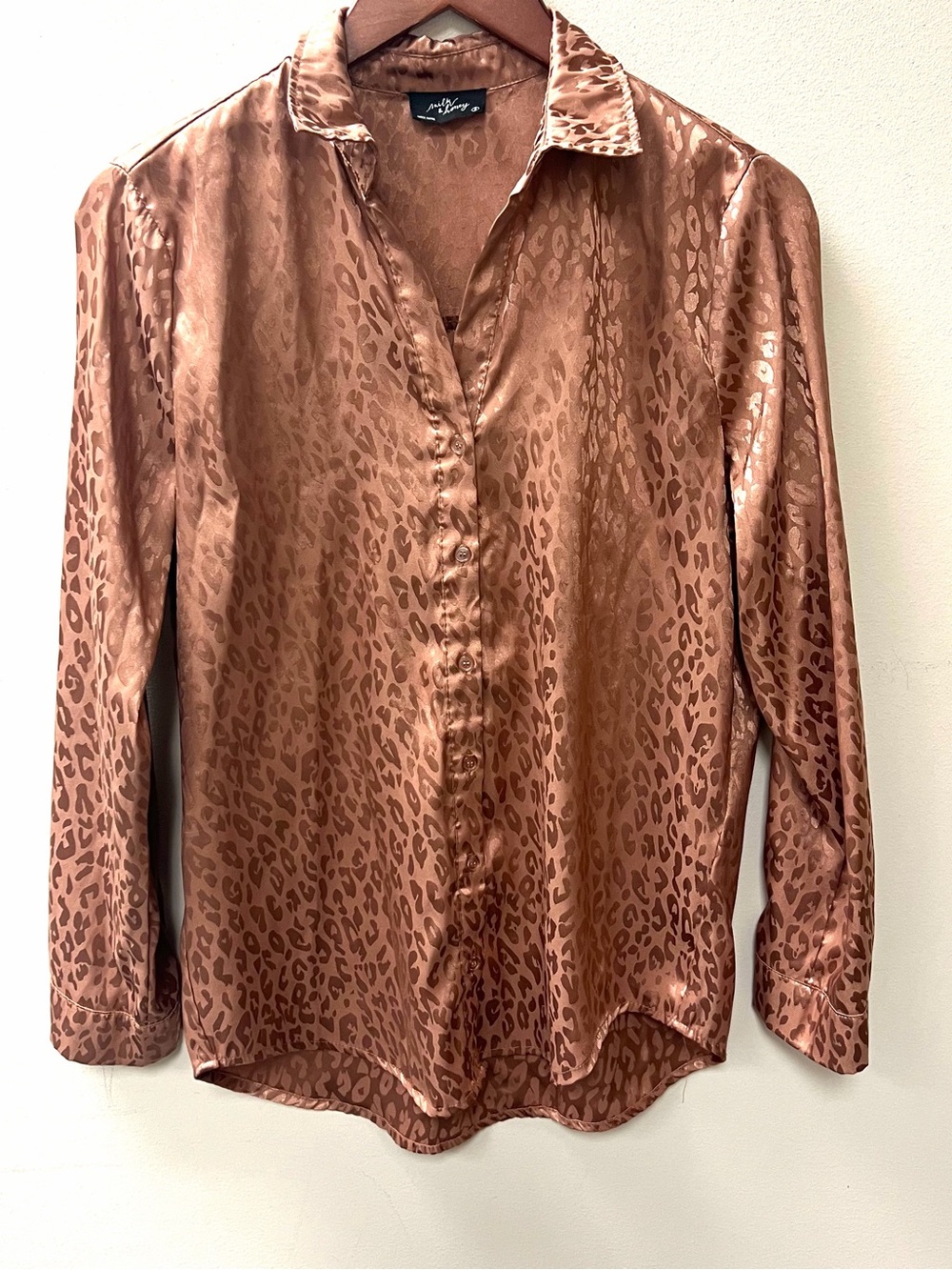 Copper Satin Leopard-Print Button-Up Blouse